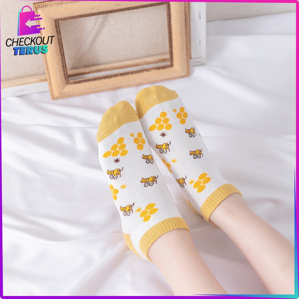 CT P188 Kaus Kaki Semata Kaki Wanita Dewasa Motif Kuning Lebah Gaya Korea Kaos Kaki Pendek Wanita Fashion