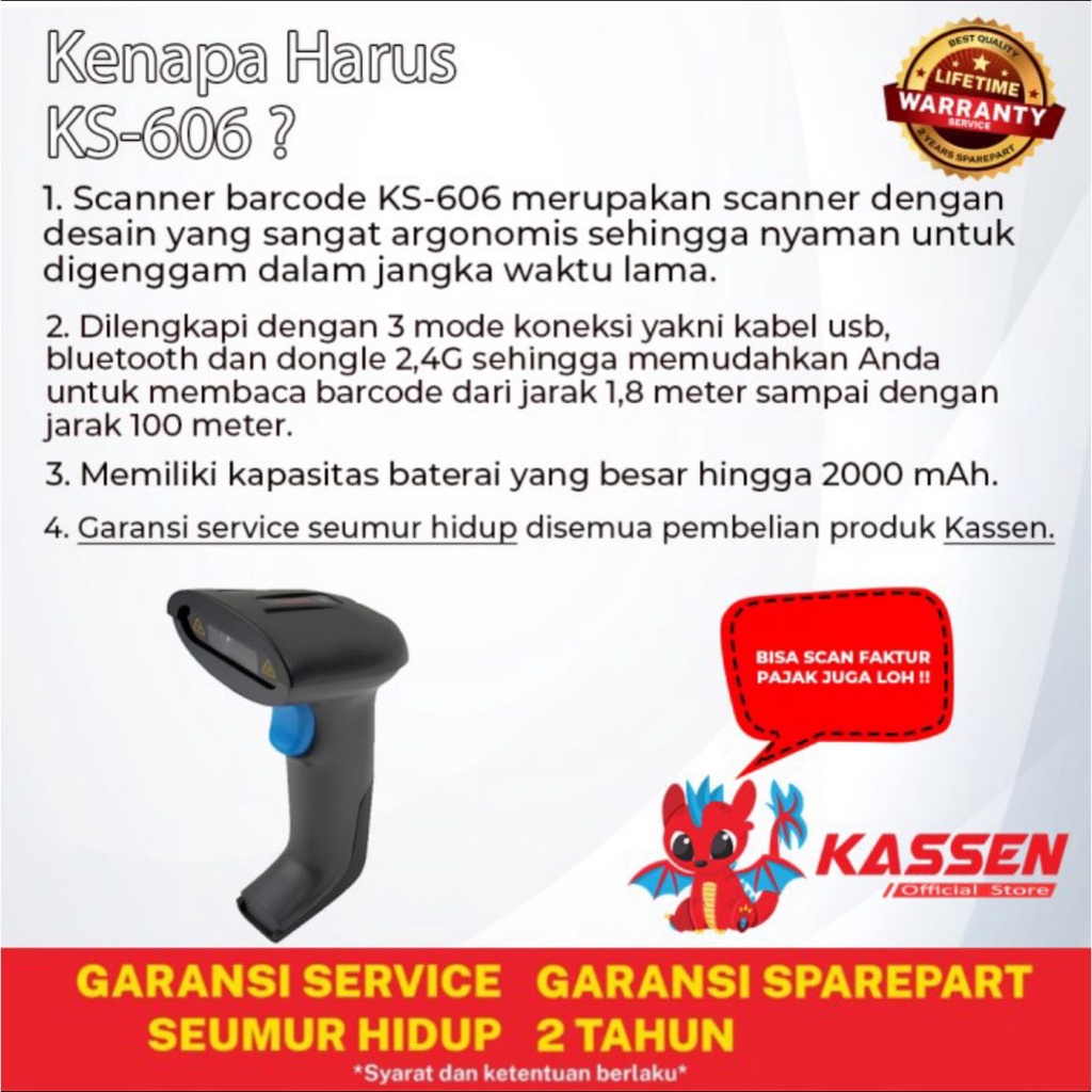 Barcode Scanner Bluetooth 2D KASSEN KS-606 KS606 WITH STAND and Dongle