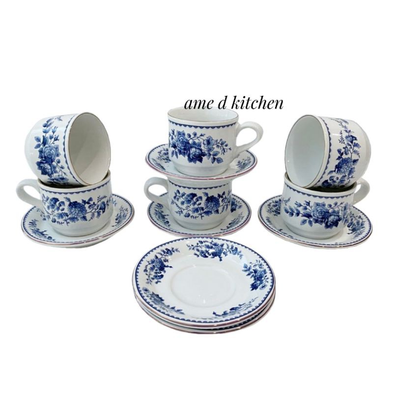 Cangkir lepek / tea set sango isi 6 pcs bunga shabby biru