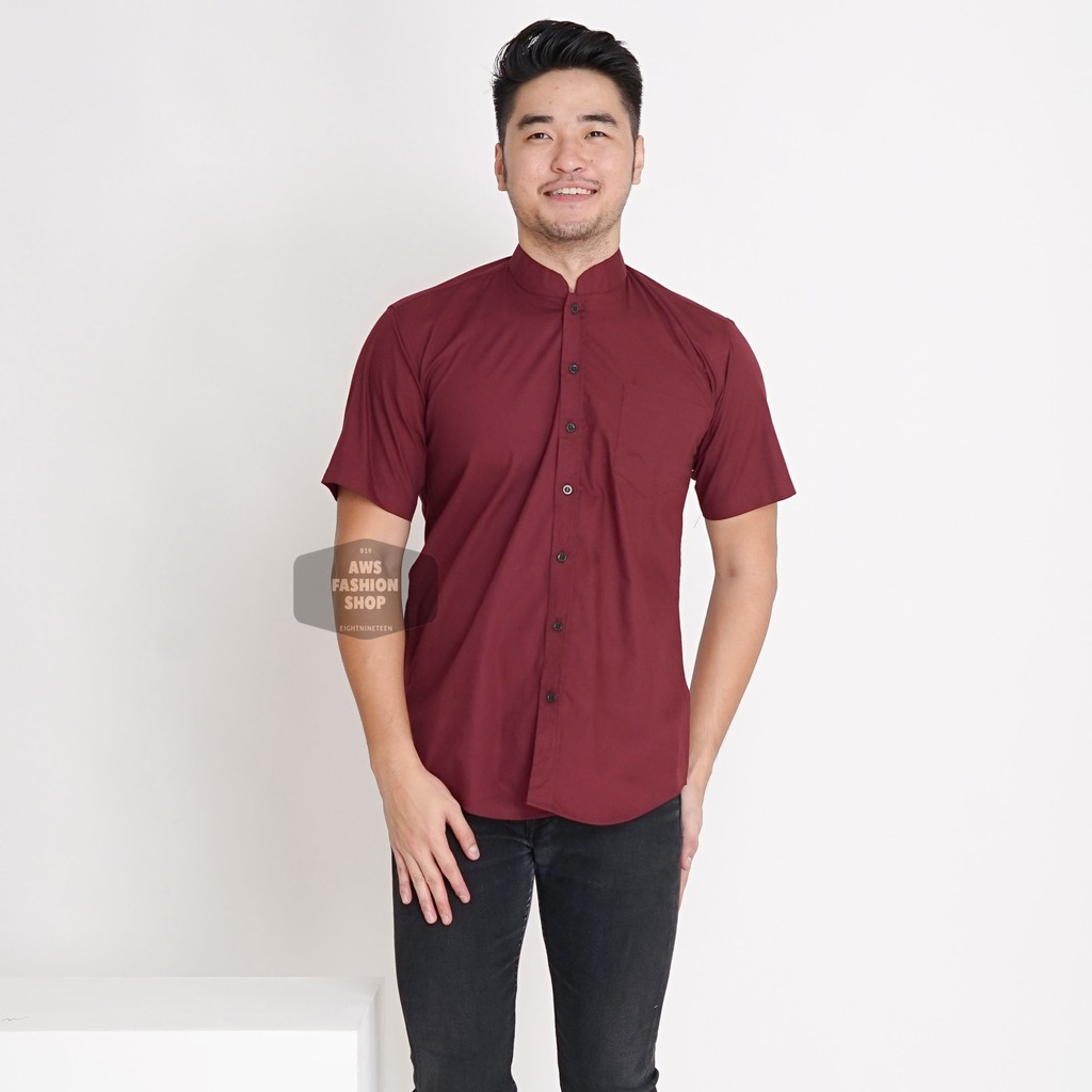 Kemeja Pria Lengan Pendek Polos Kerah Shanghai Koko Merah Maroon Cowok Casual Slimfit 3351