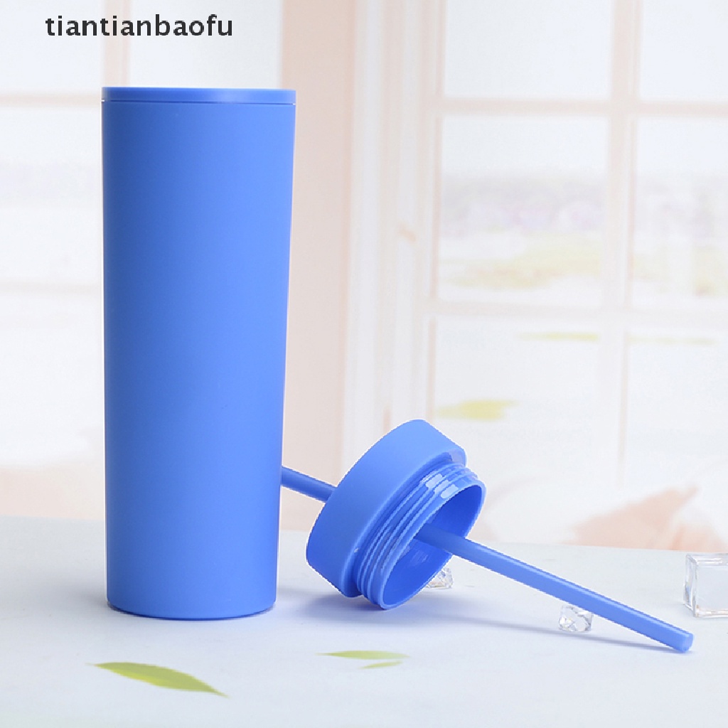 [tiantianbaofu] 1pc Reusable Skinny 16oz Plastic Tumbler Double Wall Tumbler with Straw Boutique