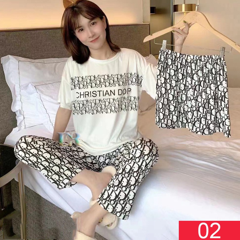 Setelan 3 Potong Baju Tidur Wanita All Size Piyama Perempuan Lengan Pendek Tiga pcs Potong Motif Karakter Mickey Mouse Doraemon