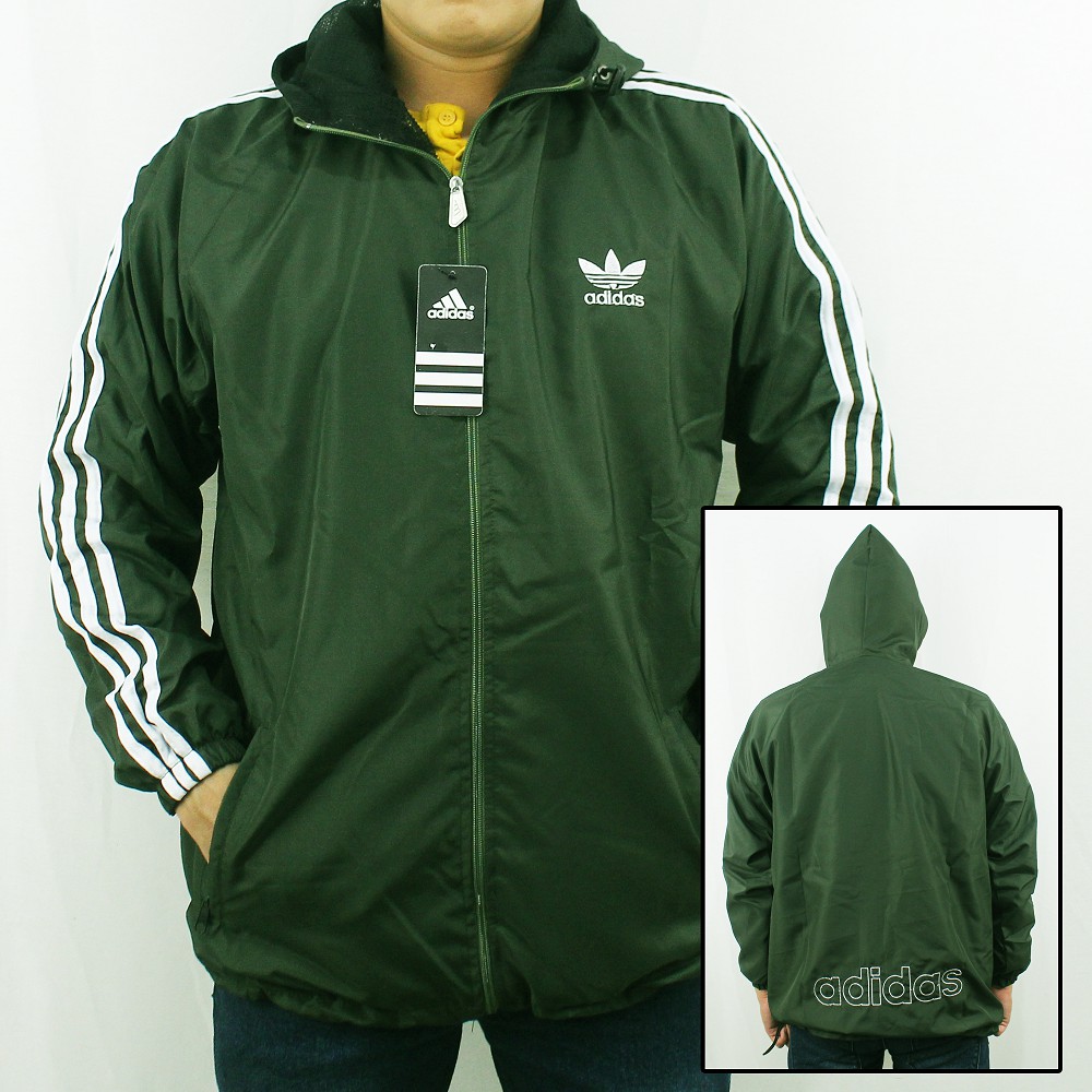 JAKET ADIDAS PARASUT WINDBREAKER HIJAU ARMY  LIST PUTIH  - JAKET PARASUT - JAKET OLAH RAGA XL XXL