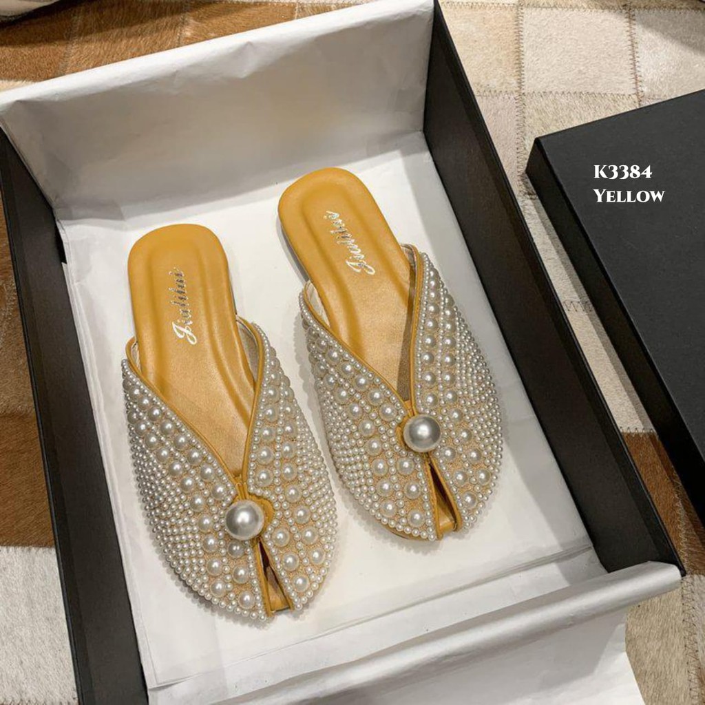 RESTOCK WYN  FLAT SLIPPERS FADDISH FULL PEARL DECOR K3384