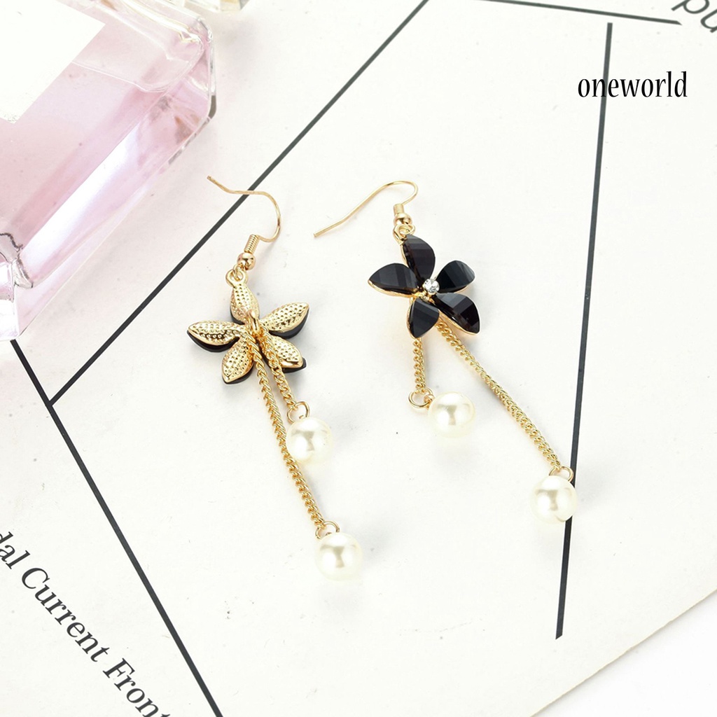 OW@ Earrings Flower Fake Pearl Pendant Elegant Alloy Long Chain Dangle Hook Earrings for Girl