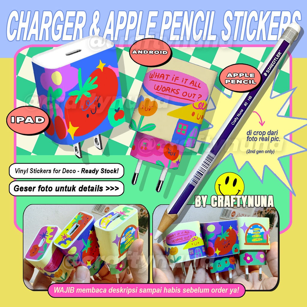 CHARGER &amp; APPLE PENCIL STICKER for deco android ipad iphone stiker garskin vinyl lucu cute