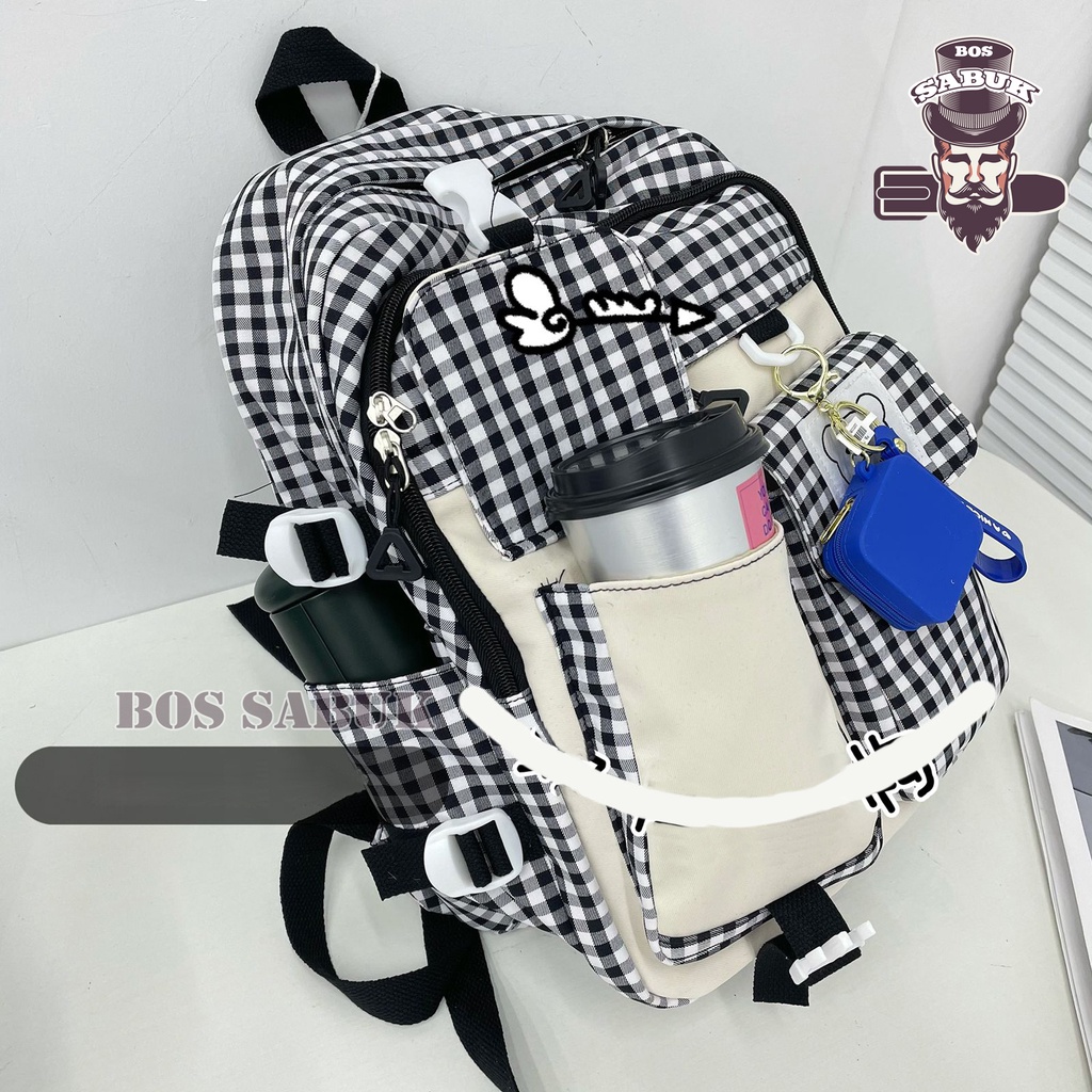 Tas Sekolah Korean Style Tas Ransel Wanita Backpack Korea Fashion Tas Wanita  -BS184-Hitam Kotak