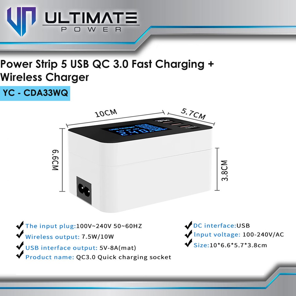 Ultimate YC-CDA33WQ Power Strip 5 USB &amp; Wireless Charger QC3.0 LED