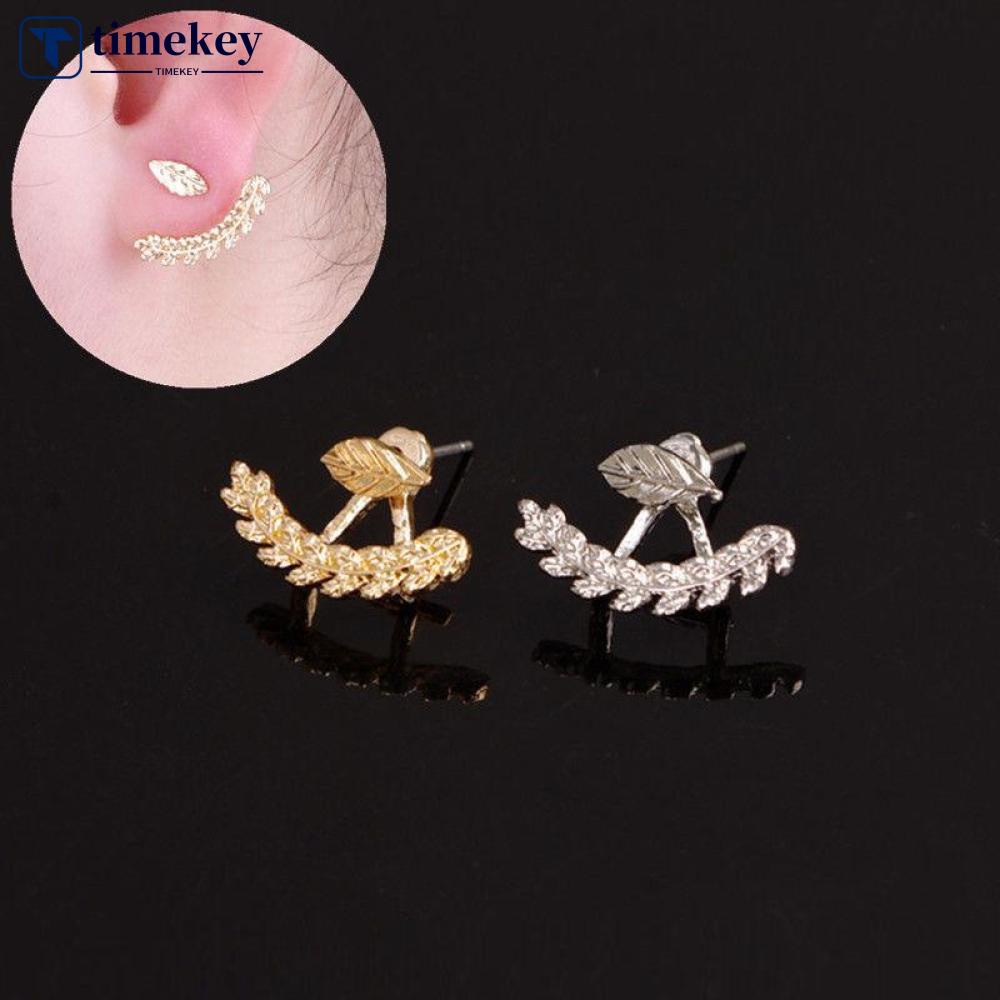 Timekey 1 Pasang Anting Tusuk Desain Daun Depan &amp; Belakang Warna Gold / Silver Untuk Wanita A6K6