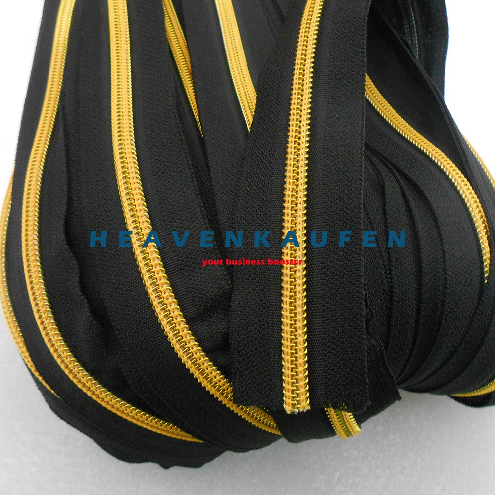 Resleting Zipper Coil / Nylon No 5 Warna Hitam - Gold Emas No 5 Harga Per Meter