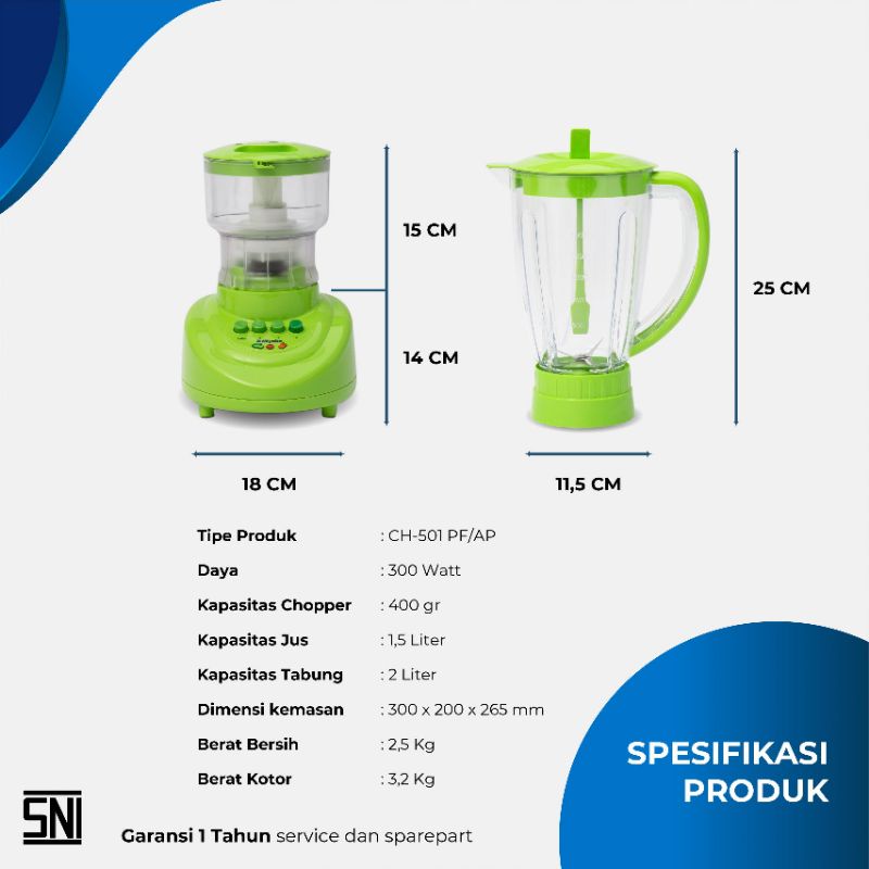 Miyako CH-501 PF AP 2in1 Blender with Chopper - Hijau 1,5L