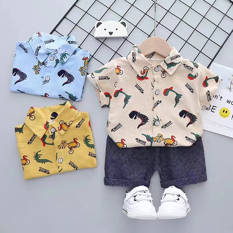 DinoDino SETELAN BAJU KEMEJA IMPORT ANAK LAKI-LAKI MONSTER BIKE DINOSAURUS KARTUN SET PESTA KERAH CI