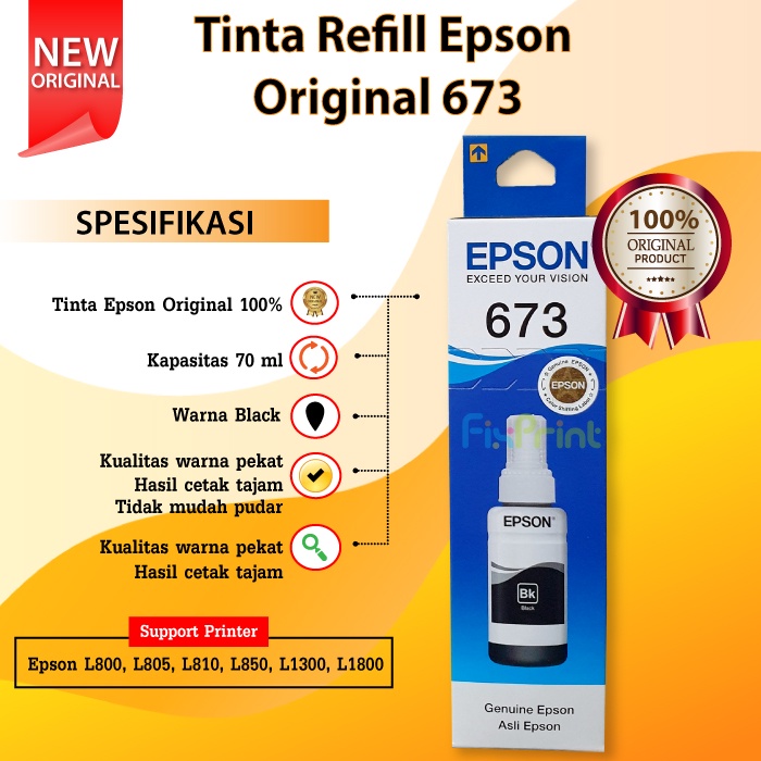 Tinta Epson Original 673 t6731 Black 70ml, Tinta Refill Printer Epson L800 L805 L810 L850 L1800