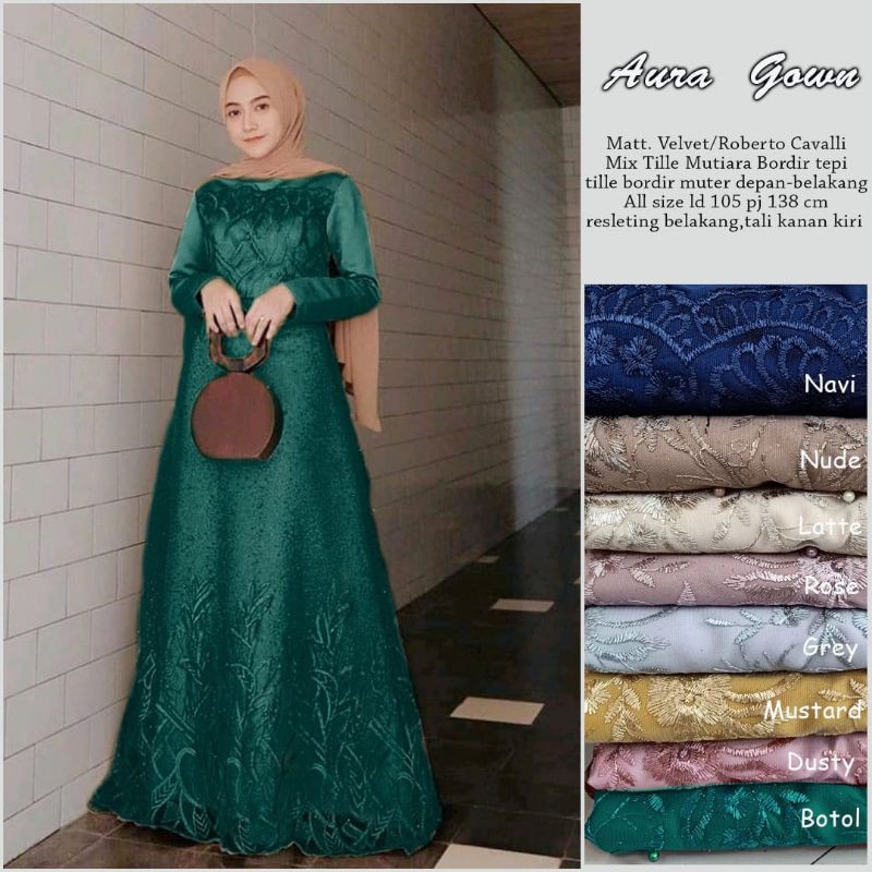 Gamis Muslimah Aura Gown 2 Dress Brukat Tile Jumbo xxl ld 120cm Sahita Maxy Outfit Kondangan Terbaru Dres Brokat Termurah Gamis Lebaran Remaja Terbaru Warna Nude Brown Rose Gold Mocca Dusty Pink Gaun Pesta Mewah Gamis Kondangan Jumbo Gamis Bridesmaid