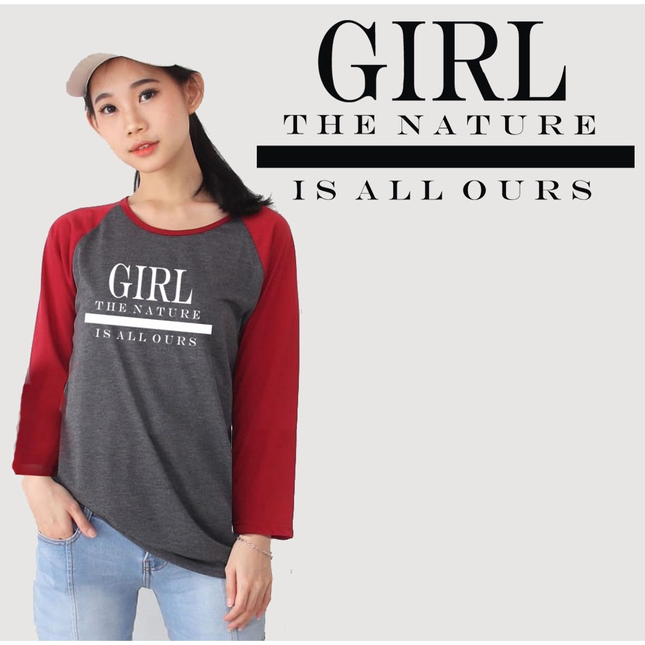 Kaos Raglan Abu Tua Lengan Panjang Gambar GIRL