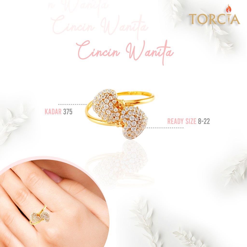 Cincin Wanita Emas Asli Spiral Dua Hati Kadar 375 Torcia Gold