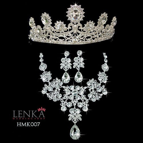 Paket Mahkota Kalung Anting Crystal l Aksesoris Royal Wedding Lenka - HMK007