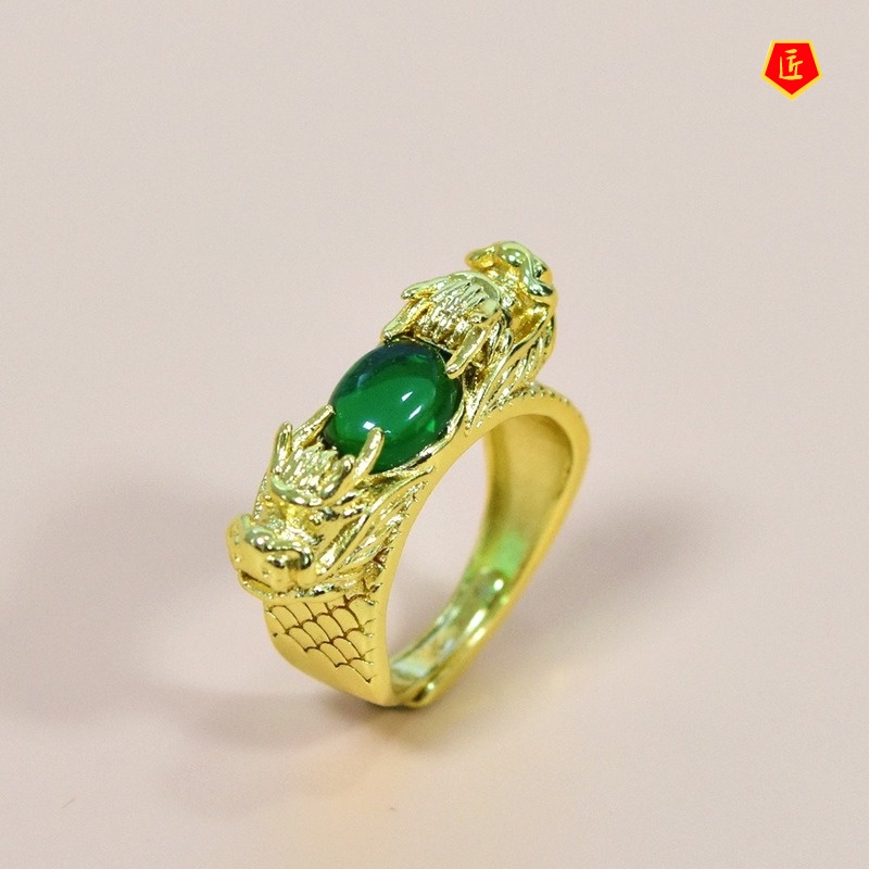 [Ready Stock]Gold Inlaid with Jade Gem Two Dragons Open Ring