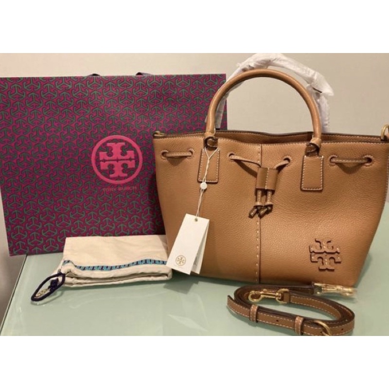 Tory Burch Mcgraw Small Drawstring Tiramisu Leather Satchels