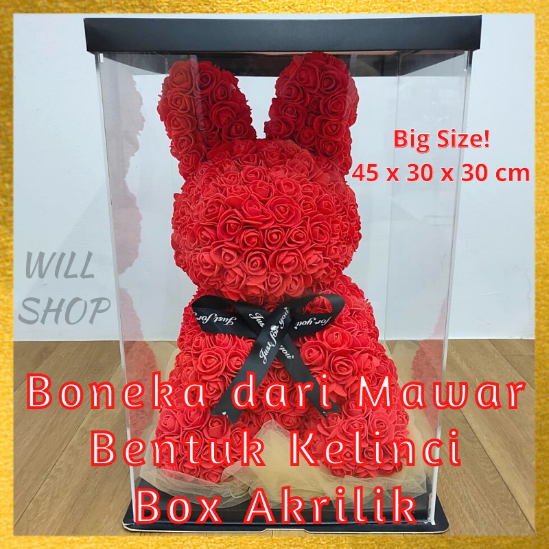 SALE BOX KACA BUKET BUNGA MAWAR ROSE BENTUK KELINCI UTK VALENTINE TUNANGAN READY GOJEK / COD
