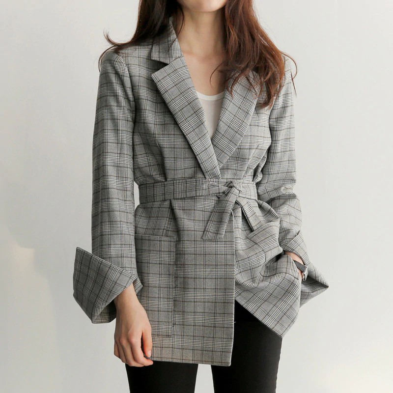 INDORETAIL | Korea Fashion Memeriksa Kotak-kotak Blazer Wanita Kantor Elegan Blazer Mujer Musim