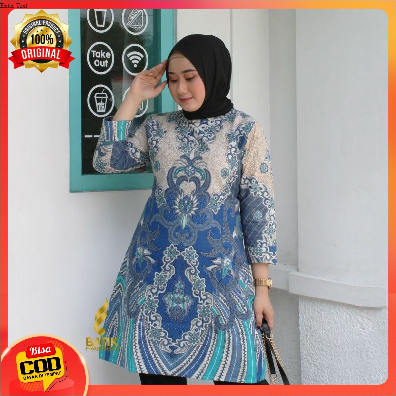 TUNIK MOTIF MECCA BIRU ATASAN BATIK WANITA LENGAN PANJANG KATUN PRINTING BATIK PRABUSENO ORIGINAL BA