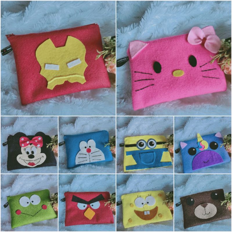 POUCH KARAKTER FREE UKIR NAMA/ TEMPAT PENSIL/ TEMPAT MAKE UP / DOMPET KARAKTER UNIK FLANEL