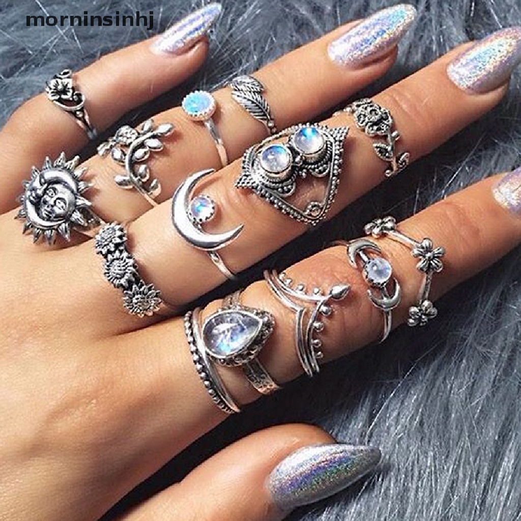 14pcs / Set Cincin Buku Jari Aneka Bentuk Warna Silver Gaya Boho Untuk Wanita