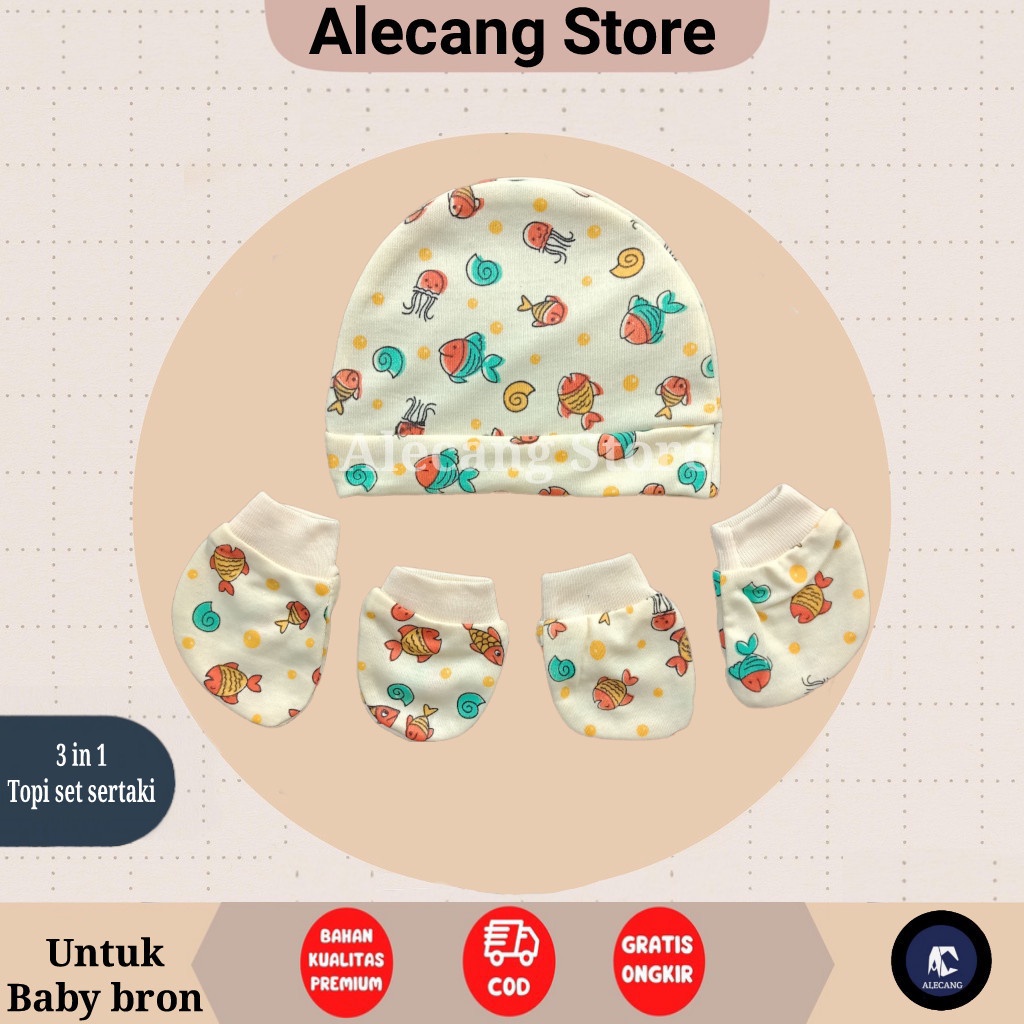 Topi Set 3in1 Kupluk Baby New Born Lucu Kaos Kaki Perlengkapan Bayi Baru Lahir Murah Aksesoris Motif