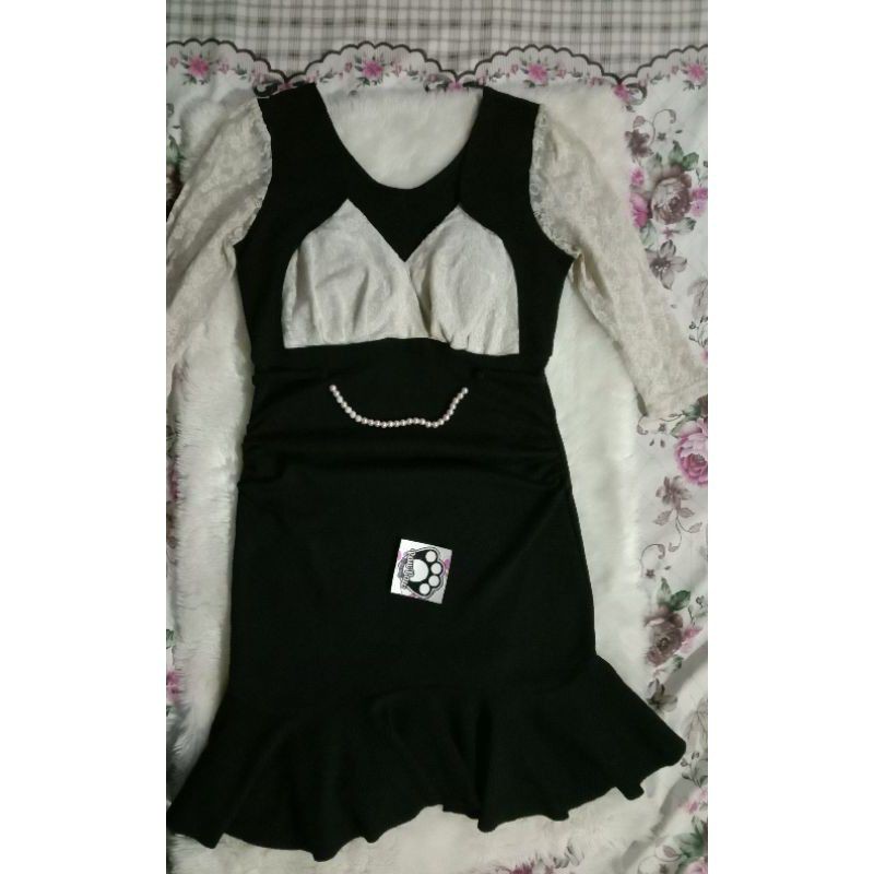 Dress scuba mix brokat hitam putih