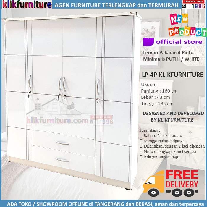 Lemari Pakaian Baju 4 Pintu Cermin Full Putih LP4P  Lemari Pakaian Baju 4 Pintu Cermin Full Putih LP4P