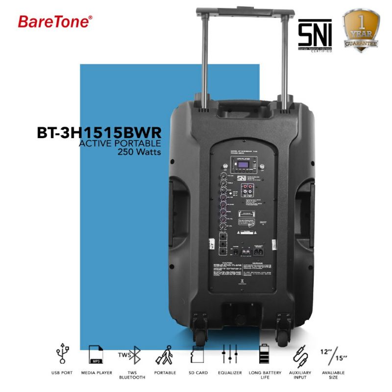 Speaker Aktif Portable 15 inch Baretone BT 3H1515BWR Bluetooth Xbass 2 Mic Wireless Original 15BWR