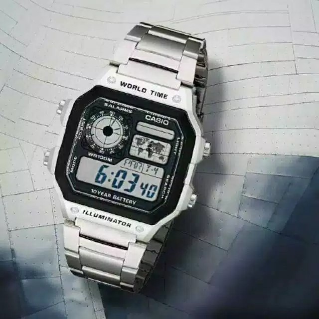 Jam Tangan CASIO Pria Wanita Fahion Korea Style iluminator AE 1200 Rantai Steel