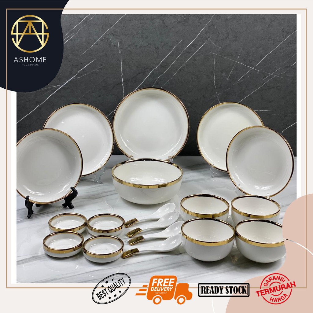 Jual Ashome Piring Set 4 Orang Piring Makan Set Keramik Putih Gold Isi 18 Pcs Piring Set 7175