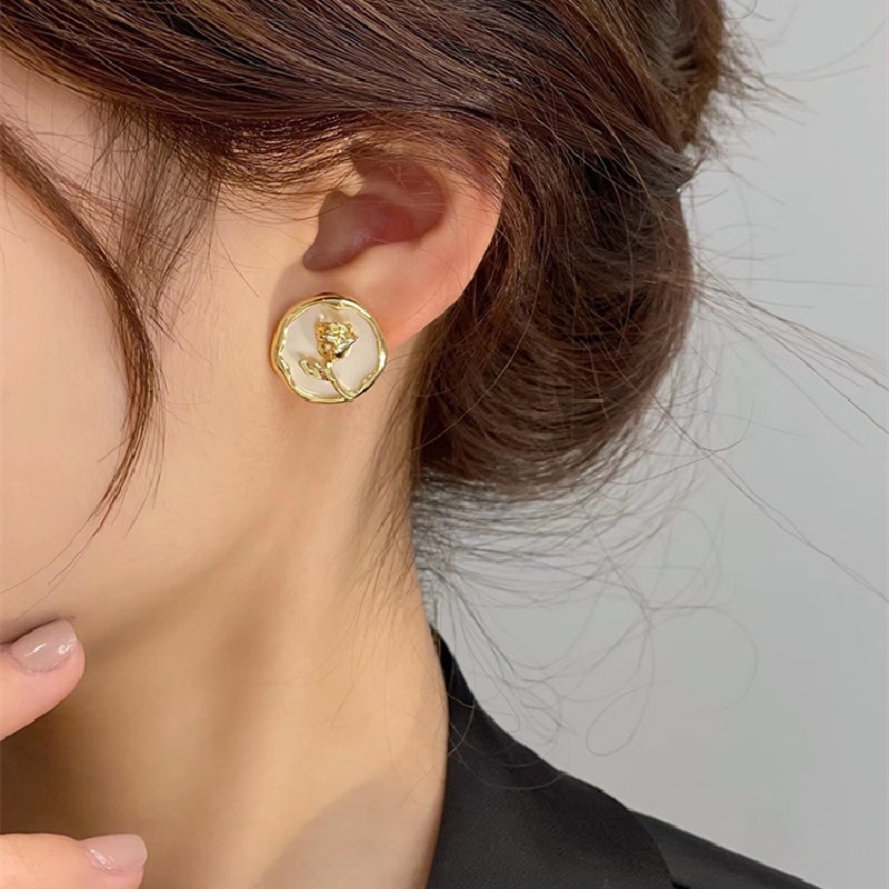 Anting Bulat Motif Bunga Mawar Korea Bahan Alloy Aksesoris Fashion Wanita Kualitas Premium ANT106