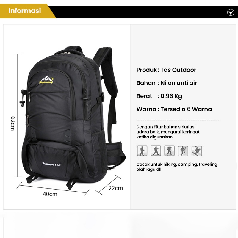 Bopai Tas Gunung Pria Tas Waterproof Outdoor Traveling Hiking Tas Punggung Cowok Backpack Besar Sekolah TR113