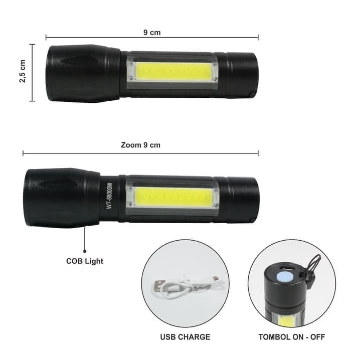 Senter Lentera Mini ~ COB LED Charger ~ USB Cas Charge ~ 3 Modes Chargeable Flashlight