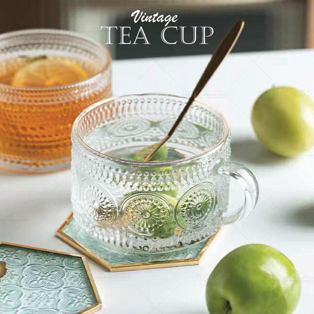 Gelas Cangkir Teh Kaca 400ml Tea Cup Motif Matahari Polkadot Timbul Vintage