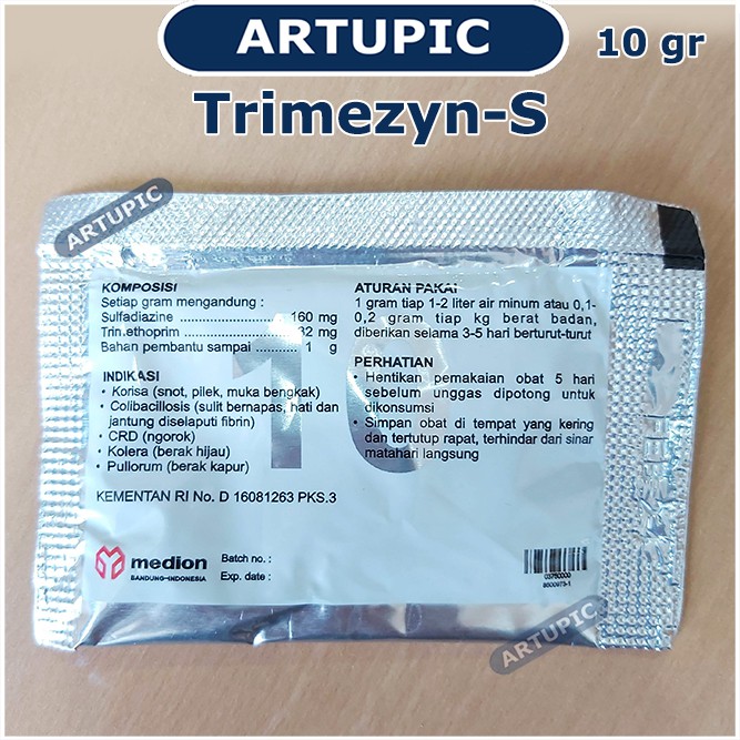 Trimezyn-S 10 gram Obat korisa Coli CRD Trimisin ngorok ayam unggas burung Medion Artupic