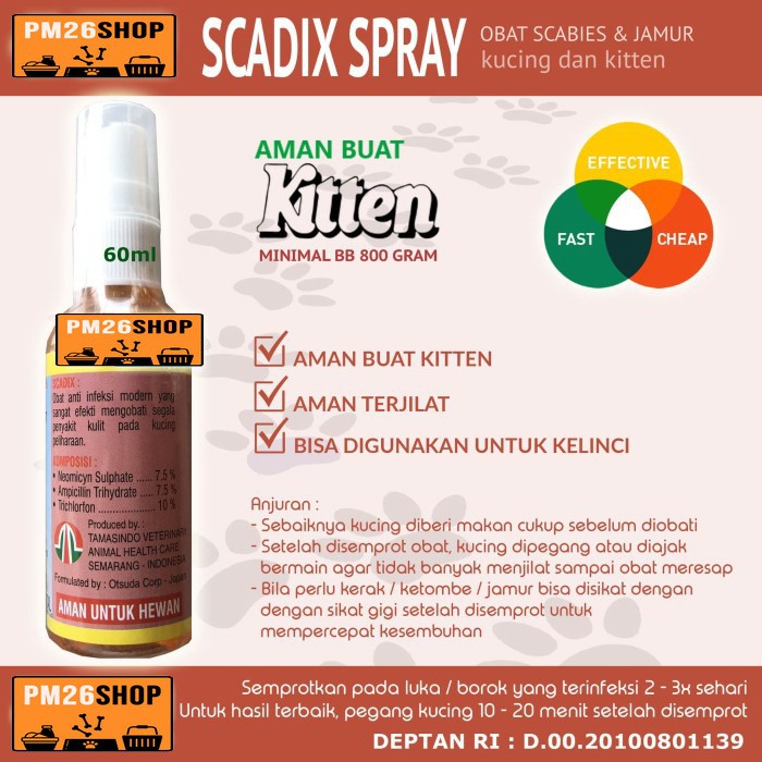 SCADIX SPRAY Cat Obat Scabies Infeksi Kulit Kucing Aman Untuk Kitten