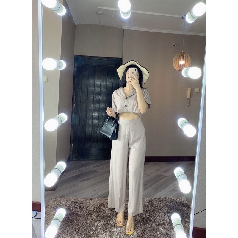 ZENAYA SET SETEL281 SETELAN BAJU CROP DAN CELANA PANJANG KULOT BUSUI SETEL281-Soft Grey