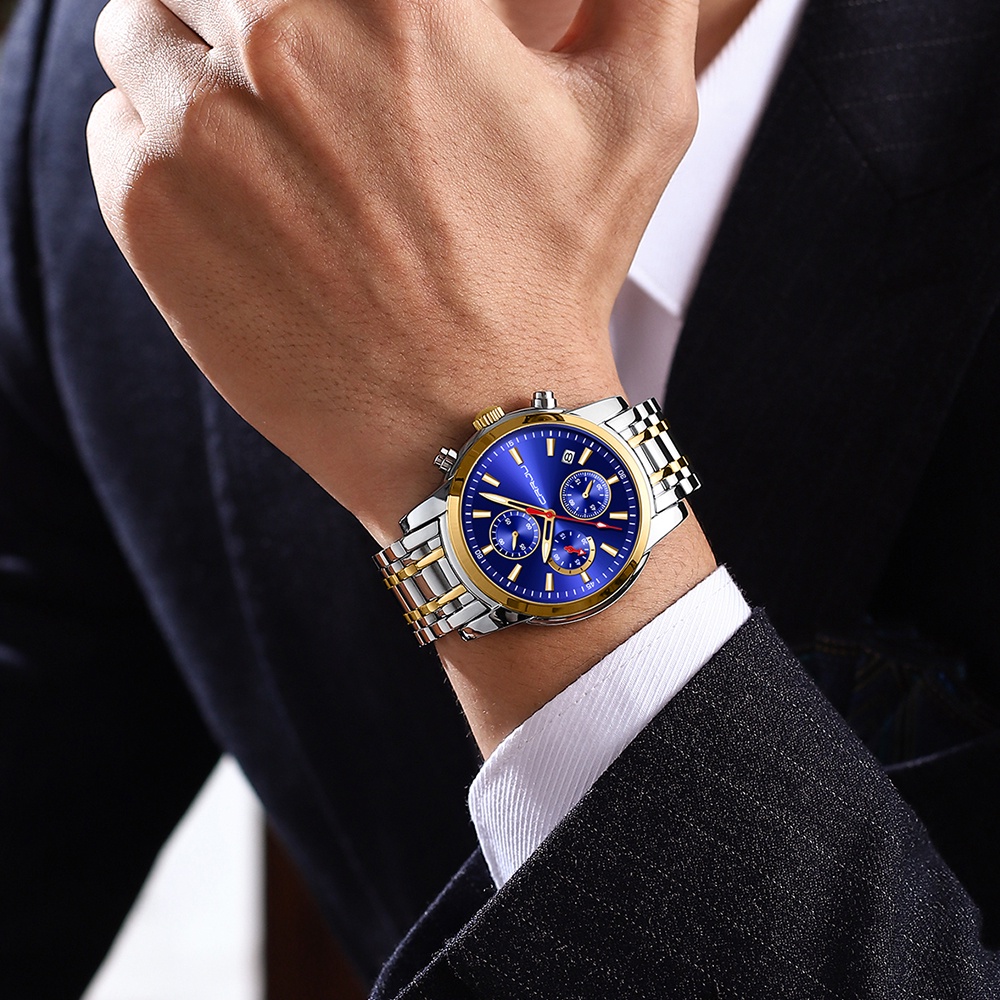 Jam Tangan Pria CRRJU Asli Fashion Bisnis Tahan Air Stainless Steel Kuarsa Pria Olahraga Chronograph Jam Tangan Bercahaya + Kotak Gratis