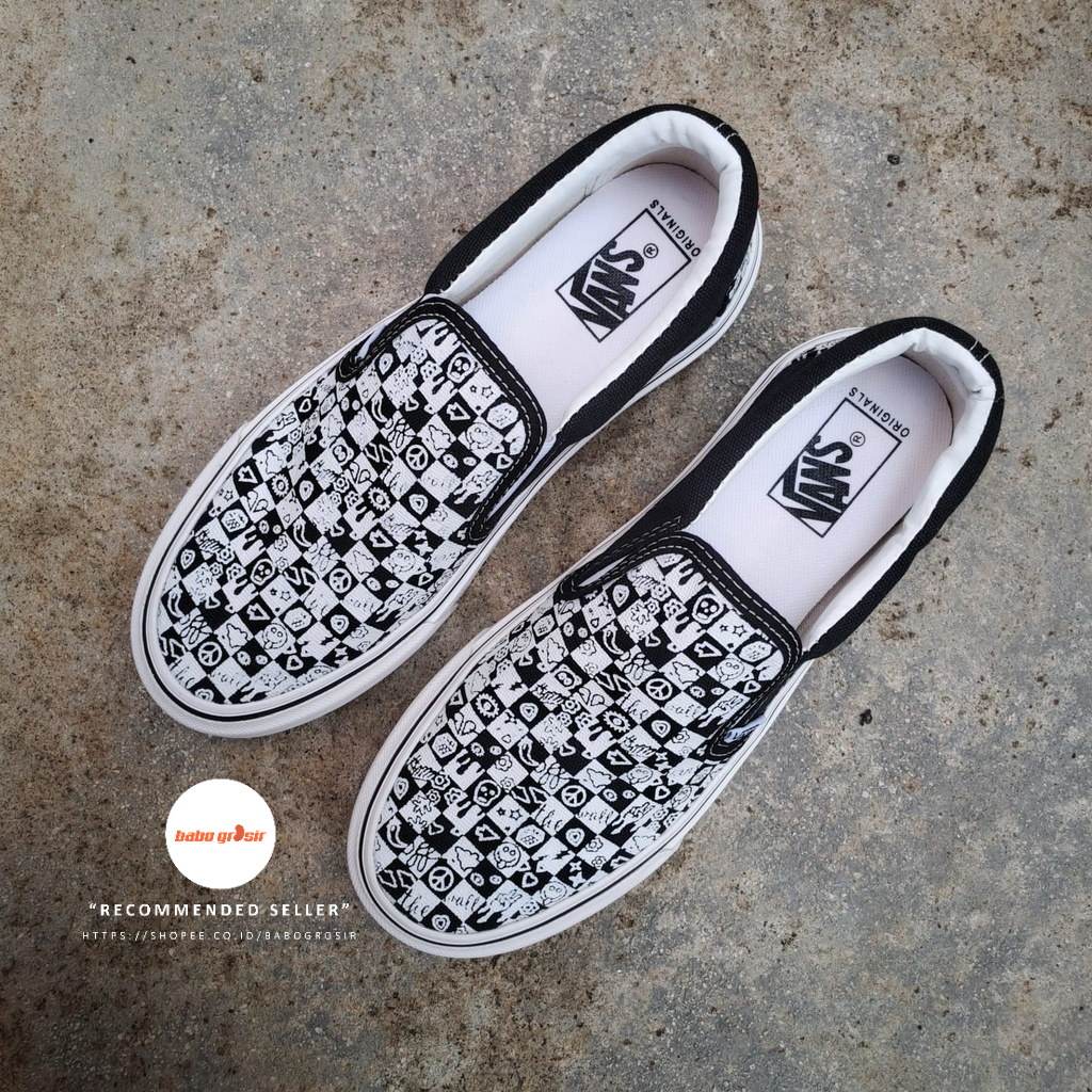 PROMO Sepatu Vans Slip On Classic Doodle Checkerboard Black Premium Import Quality, Harga Termurah, Kualitas Terbaik