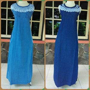 Gamis Jeans tanpa lengan bordir atas