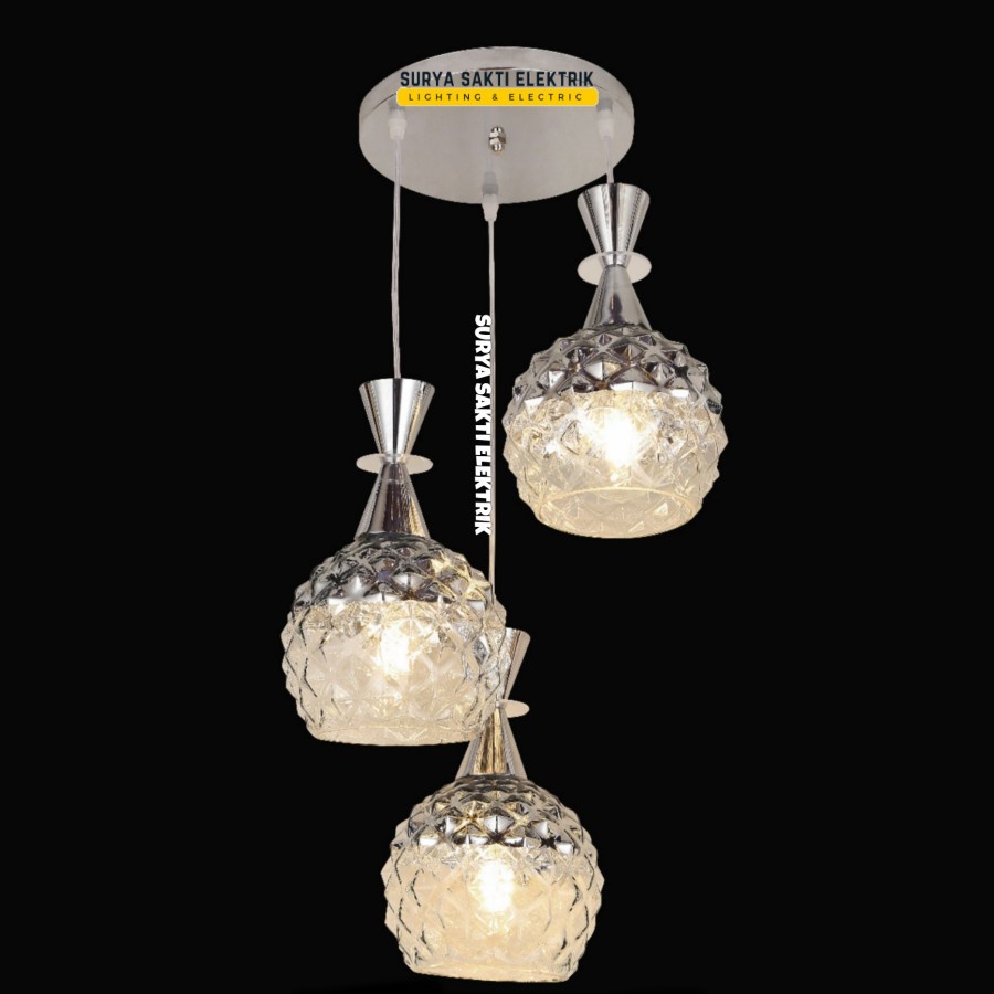 LAMPU GANTUNG MINIMALIS MODERN 3 IN 1 SILVER KACA TIMBUL Ruang Tamu RUANG MAKAN