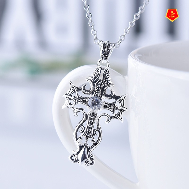 [Ready Stock]Creative Retro S925 Silver Black Cross Pendant Jesus Christ Diamond-Studded Necklace