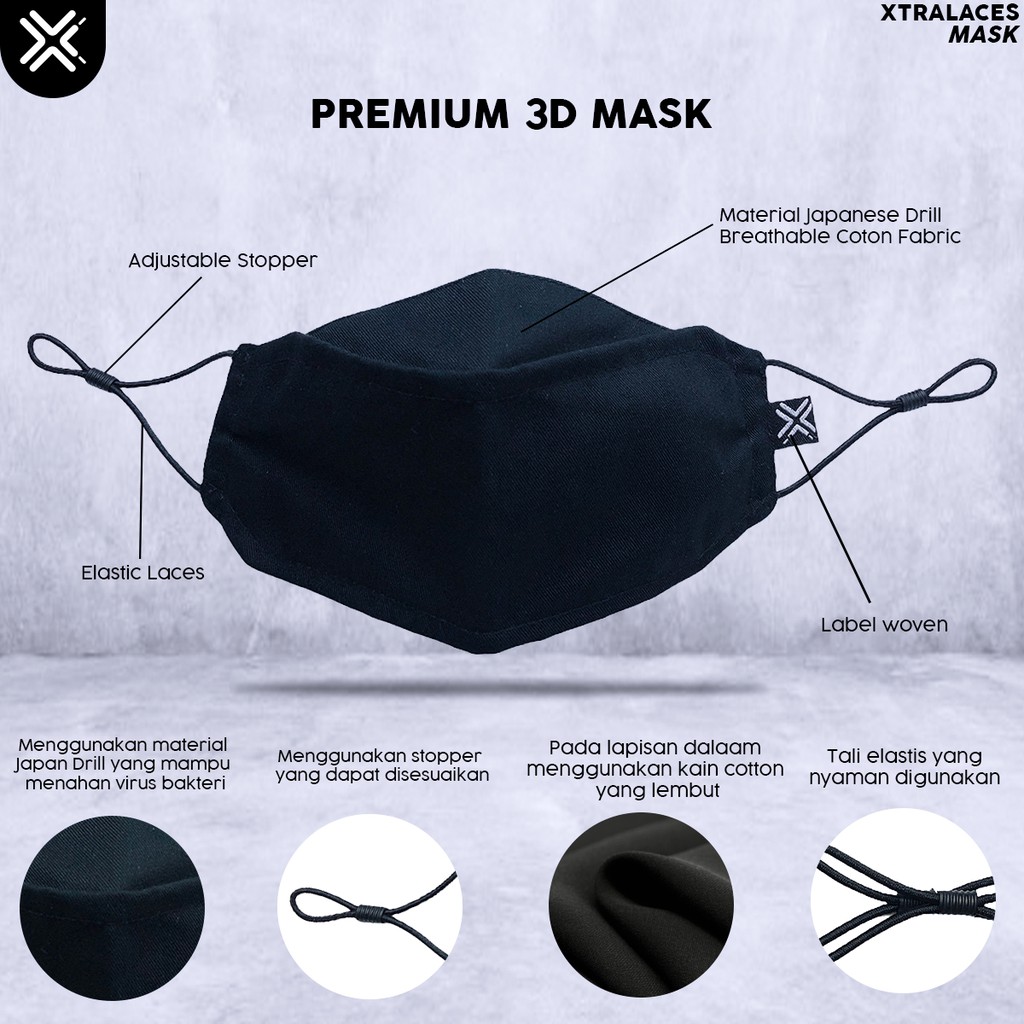 PROMO ! Masker Kain 3D Premium Hitam / 3D Mask / Masker Kain Earloop