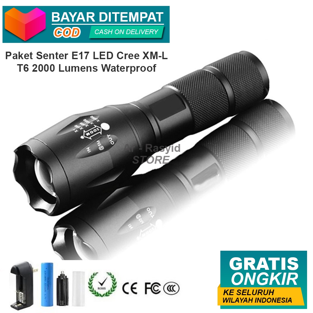 Paket Senter E17 Original Taffware LED XM-L2 2000 Lumens Waterproff