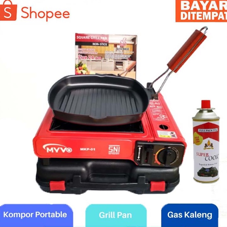Kompor Gas Portable MYVO + Grill Pan + Gas Kaleng +grill BBQ lipat