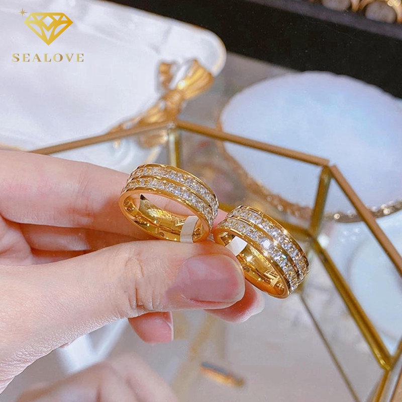 SEALOVE Wanita Titanium Cincin Anti Karat 18K Emas Penuh Berlian diamond ring Perhiasan Premium Korea Hadiah